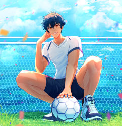 Rule 34 | 1boy, absurdres, ball, black shorts, blurry, cloud, confetti, depth of field, ensemble stars!, fence, grass, hand on own face, highres, lens flare, looking at viewer, male focus, nemesis0903, net, orange eyes, outdoors, resolution mismatch, sazanami jun, shirt, shoes, shorts, sky, sneakers, soccer, soccer ball, solo, source smaller, squatting, sweatdrop, white footwear, white shirt