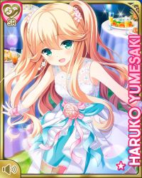 Rule 34 | 1girl, :d, bare arms, barefoot, blonde hair, card (medium), character name, dress, evening gown, girlfriend (kari), green eyes, long hair, night, official art, open mouth, outdoors, qp:flapper, smile, standing, tagme, twintails, white dress, yumesaki haruko