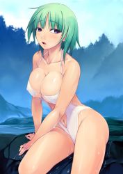 Rule 34 | amei sumeru, breasts, bursting breasts, casual one-piece swimsuit, cleavage, covered erect nipples, duplicate, green hair, halterneck, highres, large breasts, navel, one-piece swimsuit, original, purple eyes, river, rock, short hair, solo, swimsuit, water, wet
