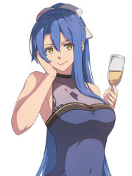 Rule 34 | 1girl, alcohol, blue hair, border, bow, bowtie, breasts, chiharu (9654784), cleavage, cup, double-parted bangs, dress, drinking glass, eiyuu densetsu, hair between eyes, hair bow, highres, holding, holding cup, large breasts, laura s. arseid, long hair, medium breasts, see-through, see-through cleavage, sen no kiseki, simple background, smile, solo, white background, white border, white bow, white bowtie, wine, wine glass, yellow eyes