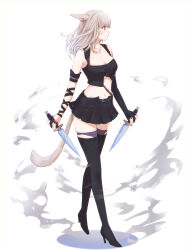 Rule 34 | 1girl, absurdres, animal ears, black footwear, black gloves, black skirt, boots, breasts, cat ears, cat girl, cat tail, dagger, dual wielding, elbow gloves, facial mark, final fantasy, final fantasy xiv, full body, gloves, grey hair, highres, holding, holding dagger, holding knife, holding weapon, jewelry, knife, light brown hair, medium breasts, medium hair, midriff, miniskirt, miqo&#039;te, navel, necklace, partially fingerless gloves, red eyes, sana (sanamaru 0w0), skirt, stomach, tail, thigh boots, warrior of light (ff14), weapon, whisker markings