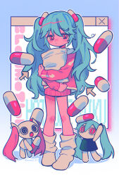 Rule 34 | 1girl, aimaina, aqua hair, character name, closed mouth, copyright name, cursor, doushite-chan, full body, hair between eyes, hatsune miku, highres, hugging object, long hair, long sleeves, menma (enaic31), open mouth, pill hair ornament, pillow, pillow hug, pink eyes, sidelocks, slow motion (vocaloid), standing, twintails, twitter username, very long hair, vocaloid