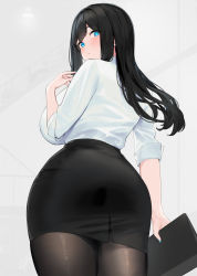 Rule 34 | 1girl, ass, black hair, black pantyhose, black skirt, blue eyes, blush, breasts, cowboy shot, duplicate, from behind, from below, hayabusa (vert 320), highres, holding, large breasts, long hair, looking at viewer, looking back, looking down, office lady, original, pantyhose, pencil skirt, pixel-perfect duplicate, shirt, skirt, sleeves rolled up, solo, white shirt