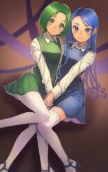 Rule 34 | 2girls, akimoto komachi, arm around waist, blue dress, blue eyes, blue footwear, blue hair, bob cut, brooch, casual, closed mouth, commentary, dress, dress shirt, dutch angle, garter straps, green dress, green eyes, green footwear, green hair, high heels, holding hands, interlocked fingers, jewelry, jj (ssspulse), long sleeves, looking at another, matching outfits, minazuki karen, multiple girls, pantyhose, parted lips, pinafore dress, precure, shirt, short dress, side-by-side, sleeveless, sleeveless dress, smile, standing, standing on one leg, striped clothes, striped thighhighs, swept bangs, thighhighs, vertical-striped clothes, vertical-striped thighhighs, white shirt, white thighhighs, wing brooch, yes! precure 5