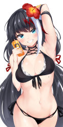 Rule 34 | 1girl, arm up, armpits, azur lane, bare arms, bare shoulders, bikini, black bikini, black hair, blue eyes, blush, breasts, commentary, cowboy shot, deutschland (azur lane), deutschland (service time?!) (azur lane), duplicate, flower, front-tie bikini top, front-tie top, grin, groin, hair flower, hair ornament, halterneck, hand up, hibiscus, highres, holding, irohara, long hair, looking at viewer, manjuu (azur lane), medium breasts, mole, multicolored hair, navel, official alternate costume, pixel-perfect duplicate, red flower, red hair, sharp teeth, side-tie bikini bottom, simple background, smile, solo, standing, stomach, streaked hair, string bikini, swimsuit, teeth, very long hair, white background, white hair