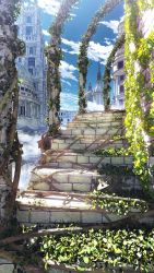 Rule 34 | building, cloud, commentary request, day, highres, no humans, original, outdoors, overgrown, plant, plant roots, realistic, scenery, signature, sky, stairs, waisshu (sougyokyuu)
