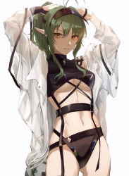 Rule 34 | 1girl, absurdres, antenna hair, arknights, arms up, breasts, chinese commentary, commentary request, cowboy shot, gavial (arknights), gluteal fold, green hair, hair between eyes, highres, long hair, long sleeves, looking at viewer, medium breasts, navel, official alternate costume, open clothes, parted lips, pointy ears, shusuzu, simple background, solo, standing, stomach, visor cap, white background, yellow eyes