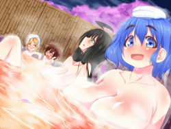 Rule 34 | 4girls, ahoge, angry, bamboo, black hair, blonde hair, blue eyes, blue hair, blush, breast envy, breasts, brown hair, cherry blossoms, cleavage, collarbone, dutch angle, female focus, flat chest, green eyes, happy, huge breasts, inaka keikou, knees, large breasts, long hair, looking up, multiple girls, nature, night, nude, onsen, open mouth, original, outdoors, pointing, red eyes, rock, saku hinoko, sho yayoi, short hair, smile, steam, towel, towel on head, water