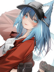 Rule 34 | 1girl, absurdres, animal ears, baseball cap, blue eyes, blue hair, commission, ears through headwear, hair between eyes, hat, highres, jacket, medium hair, open clothes, open jacket, original, red jacket, shirt, skeb commission, solo, tab head, tongue, tongue out, upper body, white background, white shirt