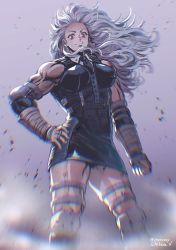 Rule 34 | 1girl, abs, absurdres, bare legs, breasts, dorohedoro, dress, earrings, gloves, highres, jewelry, long hair, looking at viewer, muscular, muscular female, nabeya sakihana, necktie, noi (dorohedoro), red eyes, simple background, smile, solo, white hair