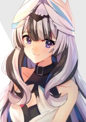 Rule 34 | 1girl, bare shoulders, black choker, black hair, breasts, choker, dress, edamameoka, feather hair ornament, feathers, fire emblem, fire emblem engage, grey hair, hair ornament, highres, long hair, looking at viewer, multicolored hair, nintendo, petite, portrait, purple eyes, small breasts, smile, solo, two-tone hair, upper body, very long hair, veyle (fire emblem), wavy hair