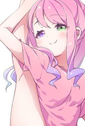 Rule 34 | 1girl, bare legs, blush, closed mouth, commentary request, green eyes, heterochromia, highres, himemori luna, hololive, meru (belphegor0327), pink hair, pink shirt, purple eyes, shirt, simple background, smile, smug, solo, split, standing, standing on one leg, standing split, swept bangs, t-shirt, upper body, virtual youtuber, white background