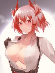 Rule 34 | 1girl, absurdres, arknights, black gloves, blush, breasts, feather hair, fiammetta (arknights), gloves, highres, hot, large breasts, no bra, open clothes, open shirt, red eyes, red hair, shirt, sweat, unbuttoned, unbuttoned shirt, white shirt, yomesuket