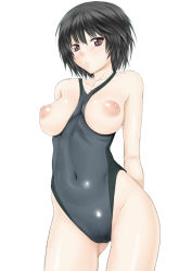 Rule 34 | 1girl, amagami, black eyes, black hair, breasts, breasts out, competition swimsuit, kutani, nanasaki ai, navel, nipples, one-piece swimsuit, puffy nipples, short hair, simple background, solo, swimsuit, white background