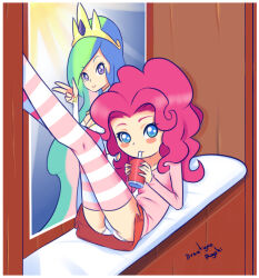 Rule 34 | 1girl, :3, bed, blue eyes, blush, celestia (my little pony), collarbone, crossed legs, cup, drantyno, drinking, drinking straw, flat chest, hasbro, holding, long hair, long sleeves, looking at viewer, lying, my little pony, my little pony: equestria girls, my little pony: friendship is magic, panties, pantyshot, pink hair, pink shirt, pink thighhighs, pinkie pie, poster (object), red skirt, shirt, skirt, smile, striped clothes, striped thighhighs, thighhighs, underwear, white panties