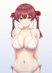 Rule 34 | 1girl, arms behind back, bikini, breasts, cleavage, covered erect nipples, grin, hair ribbon, heterochromia, highres, hololive, houshou marine, large breasts, long hair, looking at viewer, navel, otsukanolich, red eyes, red hair, ribbon, side-tie bikini bottom, simple background, skindentation, smile, solo, spoken blush, stomach, swimsuit, twintails, virtual youtuber, white bikini, yellow eyes