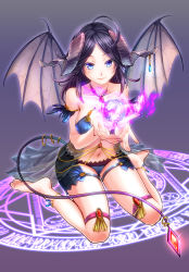 Rule 34 | 1girl, absurdres, anklet, barefoot, bikini, black hair, blue eyes, collarbone, cupping hands, demon girl, demon wings, gradient background, highres, horns, houboku, jewelry, long hair, magic, magic circle, nail polish, navel, original, own hands together, pendant, sitting, smile, solo, swimsuit, tail, toenail polish, toenails, wariza, wings