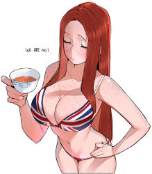 Rule 34 | 1girl, bare arms, bikini, body freckles, breasts, brown hair, cleavage, closed eyes, closed mouth, collarbone, commentary, cowboy shot, cup, english text, flag print, forehead, freckles, hand on own hip, hand up, holding, holding cup, large breasts, long hair, navel, ohasi, original, parted bangs, sidelocks, simple background, solo, swimsuit, symbol-only commentary, tea, teacup, union jack bikini, united kingdom (ohasi), white background