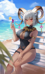 Rule 34 | 1girl, absurdres, animal ear fluff, animal ears, arknights, armlet, bare legs, beach, bench, black one-piece swimsuit, blue sky, blunt bangs, blush, breasts, carnelian (arknights), carnelian (shimmering dew) (arknights), casual one-piece swimsuit, cleavage, closed mouth, cloud, covered navel, cup, dark-skinned female, dark skin, day, drink, drinking glass, feet out of frame, food, fruit, goat ears, goat girl, goat horns, grey hair, hand on own thigh, highres, holding, holding cup, horn ornament, horns, jewelry, large breasts, lemon, lemon slice, looking at viewer, necklace, ocean, one-piece swimsuit, outdoors, red eyes, short hair, sitting, sktre12, sky, smile, solo, swimsuit, thighlet, water