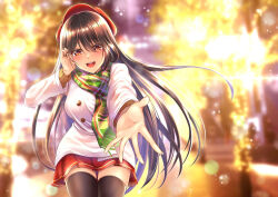 Rule 34 | 1girl, black hair, black thighhighs, blurry, blurry background, bokeh, brown eyes, cabbie hat, christmas, city lights, coat, commentary, depth of field, english commentary, english text, fringe trim, green scarf, hair over eyes, half-closed eyes, hand in own hair, hat, highres, leaning forward, long hair, long sleeves, looking at viewer, merry christmas, miniskirt, night, open mouth, original, outdoors, plaid, plaid scarf, pleated skirt, rairaisuruyo, reaching, reaching towards viewer, red hat, red skirt, scarf, skirt, smile, solo, standing, thighhighs, white coat
