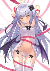 Rule 34 | 1girl, armpits, arms up, bare shoulders, black bow, blush, bound, bow, bow panties, breasts, brown eyes, closed mouth, commentary, demon girl, demon tail, demon wings, dress, frilled dress, frills, garter straps, groin, highres, light smile, long hair, looking at viewer, low wings, maid headdress, navel, original, panties, panty pull, purple wings, red ribbon, ribbon, ribbon bondage, silver hair, small breasts, solo, strapless, strapless dress, tail, tail raised, thighhighs, two side up, underwear, very long hair, white background, white panties, white thighhighs, wings, yuutii