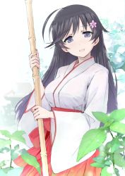 Rule 34 | 1girl, ahoge, alternate costume, bamboo broom, black eyes, black hair, broom, closed mouth, commentary, day, dew drop, flower, girls und panzer, hair flower, hair ornament, hakama, hakama short skirt, hakama skirt, head tilt, holding, holding broom, isuzu hana, japanese clothes, kimono, long hair, long sleeves, looking at viewer, miko, outdoors, red hakama, red skirt, skirt, sky, smile, solo, standing, water drop, white kimono, white sky, wide sleeves, yurikuta tsukumi