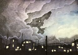 Rule 34 | absurdres, apartment, building, city, city lights, cloud, cloudy sky, highres, ibsukionsen, moon, night, night sky, no humans, original, power lines, scenery, shadow, sky, utility pole