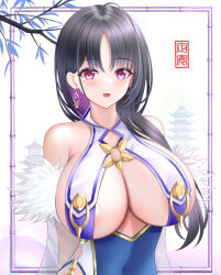 Rule 34 | 1girl, ahoge, architecture, azur lane, bare shoulders, black hair, breast curtains, breasts, chinese clothes, cleavage, earrings, east asian architecture, fur trim, highres, jewelry, large breasts, long hair, looking at viewer, mole, mole under eye, multicolored hair, open mouth, pelvic curtain, pink eyes, solo, tina (tinafya), ting an (azur lane), tree