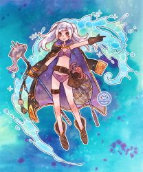 Rule 34 | 1girl, alternate costume, basket, belt, bikini, blanchelune, boots, brown gloves, fire emblem, fire emblem awakening, fire emblem heroes, fish, fishing net, gloves, jacket, jacket on shoulders, looking at viewer, nintendo, octopus, pointing, polearm, robin (female) (fire emblem), robin (fire emblem), silver hair, smile, solo, swimsuit, thigh strap, trident, twintails, water, weapon