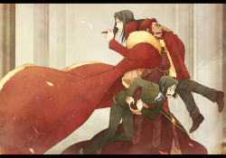 Rule 34 | 3boys, aged up, beard, black hair, bob cut, cape, carrying, cigar, closed eyes, command spell, facial hair, fate/zero, fate (series), iskandar (fate), letterboxed, long hair, lord el-melloi ii, male focus, multiple boys, necktie, open mouth, red hair, shoulder carry, time paradox, waver velvet, yun (neo)