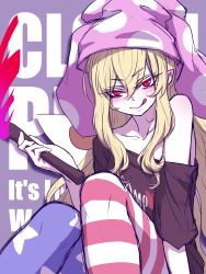Rule 34 | 1girl, :q, american flag legwear, arm support, bare shoulders, black shirt, blonde hair, blush, character name, clothes writing, clownpiece, collarbone, colored eyelashes, commentary, cosplay, fairy wings, feet out of frame, hair between eyes, hat, hecatia lapislazuli, hecatia lapislazuli (cosplay), highres, holding, holding torch, jester cap, knees up, long hair, looking at viewer, miata (miata8674), off-shoulder shirt, off shoulder, pantyhose, pink hat, polka dot headwear, purple background, red eyes, shirt, short sleeves, sidelocks, sitting, solo, star (symbol), star print, striped clothes, striped pantyhose, tongue, tongue out, torch, touhou, v-shaped eyebrows, very long hair, wings