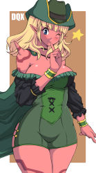 Rule 34 | 1girl, blonde hair, blush, bracelet, breasts, brown background, colored skin, detached sleeves, dragon quest, dragon quest x, hip focus, horns, jewelry, kihaiu, large breasts, long hair, ogre (dq10), one eye closed, pointy ears, red skin, simple background, smile, solo, standing, star (symbol), tattoo, wide hips, wink