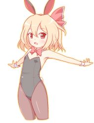 Rule 34 | 1girl, a-ktoo, animal ears, blonde hair, bow, bowtie, detached collar, highres, leotard, outstretched arms, pantyhose, playboy bunny, rabbit ears, rabbit tail, red eyes, rumia, short hair, solo, spread arms, tail, touhou, wrist cuffs