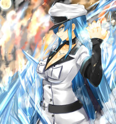 Rule 34 | 10s, 1girl, akame ga kill!, belt, blue eyes, blue hair, breasts, cleavage, detached sleeves, esdeath, ffmania7, full moon, hand up, hat, highres, ice, isshiki (ffmania7), jacket, large breasts, long hair, looking at viewer, looking to the side, matching hair/eyes, military, military uniform, moon, peaked cap, smile, solo, tattoo, uniform, very long hair