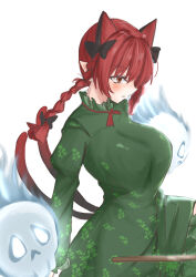 Rule 34 | 1girl, absurdres, animal ears, blush, bow, braid, breasts, cat ears, cat girl, cat tail, dress, extra ears, ghost, green dress, hair bow, highres, kaenbyou rin, kuraki, large breasts, looking ahead, multiple tails, pointy ears, red eyes, red hair, simple background, solo, tail, touhou, twin braids, white background