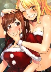 2girls ;d bare_shoulders belt black_belt blonde_hair blush breasts brown_eyes capelet christmas cleavage collarbone commentary_request dress earrings fur-trimmed_capelet fur-trimmed_dress fur-trimmed_tube_top fur_trim green_background grin gyaru hand_on_another&#039;s_head highres jewelry large_breasts looking_at_viewer medium_hair mole mole_on_breast multicolored_nails multiple_girls navel nobukuni_nodoka one_eye_closed open_mouth red_capelet red_dress red_nails red_tube_top santa_capelet santa_dress smile sparkle_background squeezing_cheeks stomach strapless swept_bangs tonari_no_nobukuni-san_wa_ore_no_koto_ga_suki_na_ki_ga_suru tube_top upper_body wrist_cuffs yasuda_kousuke