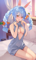 Rule 34 | 1girl, absurdres, animal ear fluff, animal ears, bare shoulders, bed, blue hair, blush, bow, braid, breasts, carrot hair ornament, center opening, food-themed hair ornament, grey sweater, hair bow, hair ornament, highres, hololive, indoors, long hair, looking at viewer, medium breasts, multicolored hair, no bra, nose blush, on bed, open mouth, orange eyes, pi tayuko, rabbit ears, rabbit girl, ribbed sweater, short eyebrows, sitting, sleeveless, sleeveless turtleneck, solo, sweater, thick eyebrows, turtleneck, turtleneck sweater, twin braids, two-tone hair, usada pekora, virtual youtuber, white bow, white hair, window