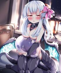 Rule 34 | 1girl, animal, animal hug, blush, bow, breasts, choker, cleavage, convenient arm, dragon girl, dragon tail, dragon wings, grey thighhighs, groin, hair bow, hair over breasts, highres, indoors, kneeling, lantern, large breasts, long hair, looking at viewer, medium breasts, nude, original, pointy ears, red eyes, ribbon, see-through, slime (creature), tail, thighhighs, thighs, white hair, window, wings, yuka danbow