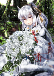 Rule 34 | 1girl, absurdres, alternate costume, bouquet, dragon girl, dragon horns, fate/grand order, fate (series), flower, gloves, grey hair, highres, horns, japanese clothes, kimono, kiyohime (fate), kiyohime (third ascension) (fate), long hair, multiple horns, outdoors, partially fingerless gloves, red eyes, sitting, solo, thighhighs, totororo, wariza, white flower, white gloves, white thighhighs, wide sleeves