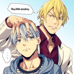 Rule 34 | ..., 2boys, blonde hair, blue background, blue eyes, blue hair, blue hoodie, buttons, casual, collarbone, commentary request, dress shirt, ear piercing, english text, formal, gradient background, green eyes, hair between eyes, halftone, hand on another&#039;s head, hood, hood down, hoodie, jacket, kuroko no basuke, kuroko tetsuya, long sleeves, looking at another, male focus, mashima shima, multiple boys, nash gold jr., piercing, red shirt, shirt, short hair, smirk, speech bubble, spoken ellipsis, suit, sweatdrop, twitter username, upper body, white jacket, white suit