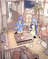 Rule 34 | 3girls, :o, ahoge, anger vein, animal ear fluff, animal ears, bag, barefoot, black shirt, black socks, blonde hair, blue hair, blue hoodie, blue jacket, blue shorts, blush, bottle, clenched hands, clenched teeth, closed eyes, coffee, coffee mug, coffee table, colored inner hair, commentary request, couch, cup, display, door, drawstring, dress, unworn eyewear, feet, flat screen tv, flower pot, glasses, grey hair, hair between eyes, hands up, highres, holding, holding jar, hololive, hololive indonesia, hood, hood down, hoodie, indoors, jacket, jacket on shoulders, jar, jewelry, kneeling, lion ears, lion girl, lion tail, long hair, long sleeves, looking at another, moona hoshinova, mug, multicolored hair, multiple girls, necklace, notebook, notice lines, pekomon (usada pekora), open door, open mouth, paper, parted lips, pen, pencil case, picture frame, pillow, pink socks, plant, plate, potted plant, purple hair, rabbit ears, rug, saucer, shelf, shirt, shishiro botan, short dress, short eyebrows, short shorts, short sleeves, shorts, sidelocks, sleeveless, sleeveless dress, sleeves past wrists, socks, spoon, standing, streaked hair, t-shirt, table, tail, teeth, television, thick eyebrows, toes, trembling, usada pekora, v-shaped eyebrows, very long hair, virtual youtuber, white bag, white hair, wooden floor, yellow dress, yurai0739