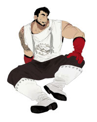 Rule 34 | 1boy, bamashengze, bandaid, bandaid on cheek, bandaid on face, bara, black hair, boots, full body, gloves, highres, looking to the side, male focus, mature male, muscular, muscular male, original, red gloves, rubber boots, shirt, short hair, sideburns, sleeveless, sleeveless shirt, solo, thick eyebrows, white footwear