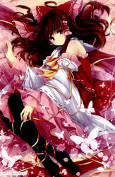 Rule 34 | 1girl, black pantyhose, bow, brown hair, bug, butterfly, detached sleeves, embellished costume, female focus, fingernails, frills, gathers, hagiwara rin, hair bow, hair tubes, hakurei reimu, highres, insect, japanese clothes, leg ribbon, lolita fashion, long hair, looking at viewer, lying, miko, nail polish, on side, pantyhose, petals, red eyes, ribbon, scan, smile, solo, touhou, wa lolita, white nails, wide sleeves