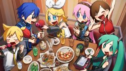 Rule 34 | 2boys, 4girls, arm up, black dress, black eyes, black sailor collar, blonde hair, blue eyes, blue hair, blue scarf, blush, bow, breasts, brother and sister, brown hair, chicken (food), clenched hand, closed eyes, coat, commentary, cropped jacket, detached sleeves, dress, drink, edamame, flipped hair, food, french fries, fried chicken, from above, green eyes, green hair, green necktie, hair bow, hair ornament, hairband, hairclip, hatsune miku, highres, holding, holding instrument, holding maracas, holding microphone, holding stylus, ice cream, indoors, instrument, jacket, kagamine len, kagamine rin, kaito (vocaloid), karaoke, large breasts, looking at another, looking to the side, maracas, megurine luka, meiko (vocaloid), microphone, multiple boys, multiple girls, music, nata shelf, neckerchief, necktie, onion rings, open mouth, pink hair, pizza, plate, red jacket, sailor collar, scarf, shirt, short hair, short ponytail, short sleeves, siblings, singing, sitting, sleeveless, sleeveless jacket, sleeveless shirt, smile, soft serve, standing, stylus, sweatdrop, swept bangs, symbol-only commentary, table, tablet pc, tambourine, twintails, v-shaped eyebrows, vocaloid, white bow, white coat, white shirt, yellow neckerchief, yellow necktie