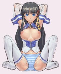 Rule 34 | 1girl, armpits, arms up, black hair, blue eyes, blush, breasts, breasts out, cameltoe, detached sleeves, frown, full body, large breasts, long hair, long sleeves, looking at viewer, navel, nipples, os-tan, panties, pink background, shirt, sidelocks, simple background, sleeveless, sleeveless shirt, solo, spread legs, striped clothes, striped panties, thighhighs, underwear, unzipped, very long hair, white thighhighs, xp-tan, zipper