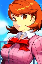 Rule 34 | 1girl, absurdres, blue sky, bow, bowtie, breasts, brown eyes, brown hair, cardigan, choker, cloud, cloudy sky, collared shirt, commentary, earrings, highres, jewelry, long sleeves, looking at viewer, loose bowtie, medium breasts, outdoors, parted lips, persona, persona 3, persona 3 reload, pink cardigan, red bow, red bowtie, ribbed cardigan, shirt, short hair, sky, smgold, smile, solo, stud earrings, swept bangs, takeba yukari, upper body, white choker, white shirt