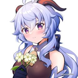 Rule 34 | 1girl, ahoge, artist name, bare shoulders, bell, black gloves, blue hair, blush, bow, bowtie, breasts, curled horns, detached sleeves, flower, ganyu (genshin impact), genshin impact, gloves, hair between eyes, highres, holding, holding flower, horns, looking at viewer, medium breasts, neck bell, purple eyes, qingxin flower, sasha chii, sidelocks, smile, solo, white background