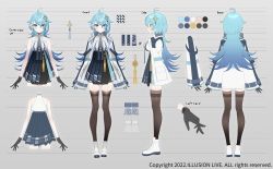 Rule 34 | 1girl, 2022, absurdres, ahoge, aqua eyes, arms at sides, blue hair, character sheet, closed mouth, color guide, company name, copyright notice, earrings, hair ornament, highres, illusion live, jacket, jewelry, long hair, looking at viewer, mono (mono zzz), multiple views, official art, open clothes, open jacket, saya fortis, shoes, simple background, skirt, smile, standing, thighhighs, turnaround, virtual youtuber, white background