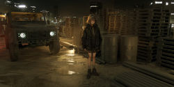 Rule 34 | 1girl, baggy clothes, barrel, black footwear, black jacket, black skirt, boots, building, car, cargo pallet, cityscape, commentary, construction site, grey hair, highres, hood, hood down, hooded jacket, jacket, lavender quartz, lm7 (op-center), looking at viewer, miniskirt, motor vehicle, necktie, night, outdoors, puddle, purple eyes, short hair, skirt, sky, skyscraper, solo, sports utility vehicle, standing, white legwear
