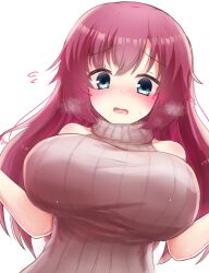Rule 34 | 1girl, aqua eyes, bare shoulders, blush, breasts, brown sweater, commentary request, crossed bangs, exhausted, eyes visible through hair, flying sweatdrops, hair between eyes, hair spread out, hakutocake, heavy breathing, highres, large breasts, long hair, looking down, maniwa roka, nose blush, open mouth, pinstripe sweater, purple hair, senren banka, sidelocks, signature, simple background, sleeveless, sleeveless sweater, solo, straight-on, sweat, sweater, upper body, w arms, white background